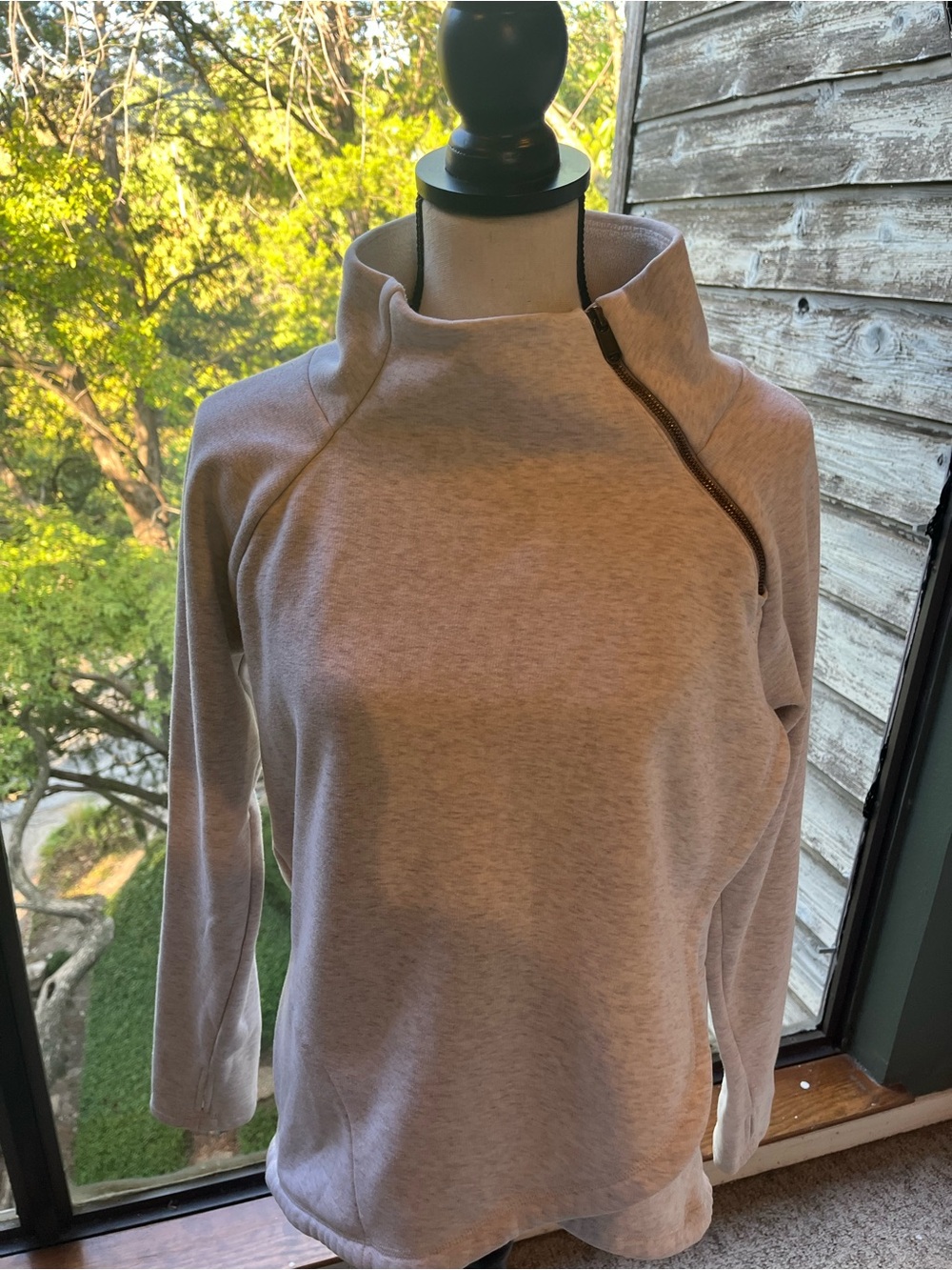 Athleta Light Cream Zip-Shoulder Funnel Neck Pullover